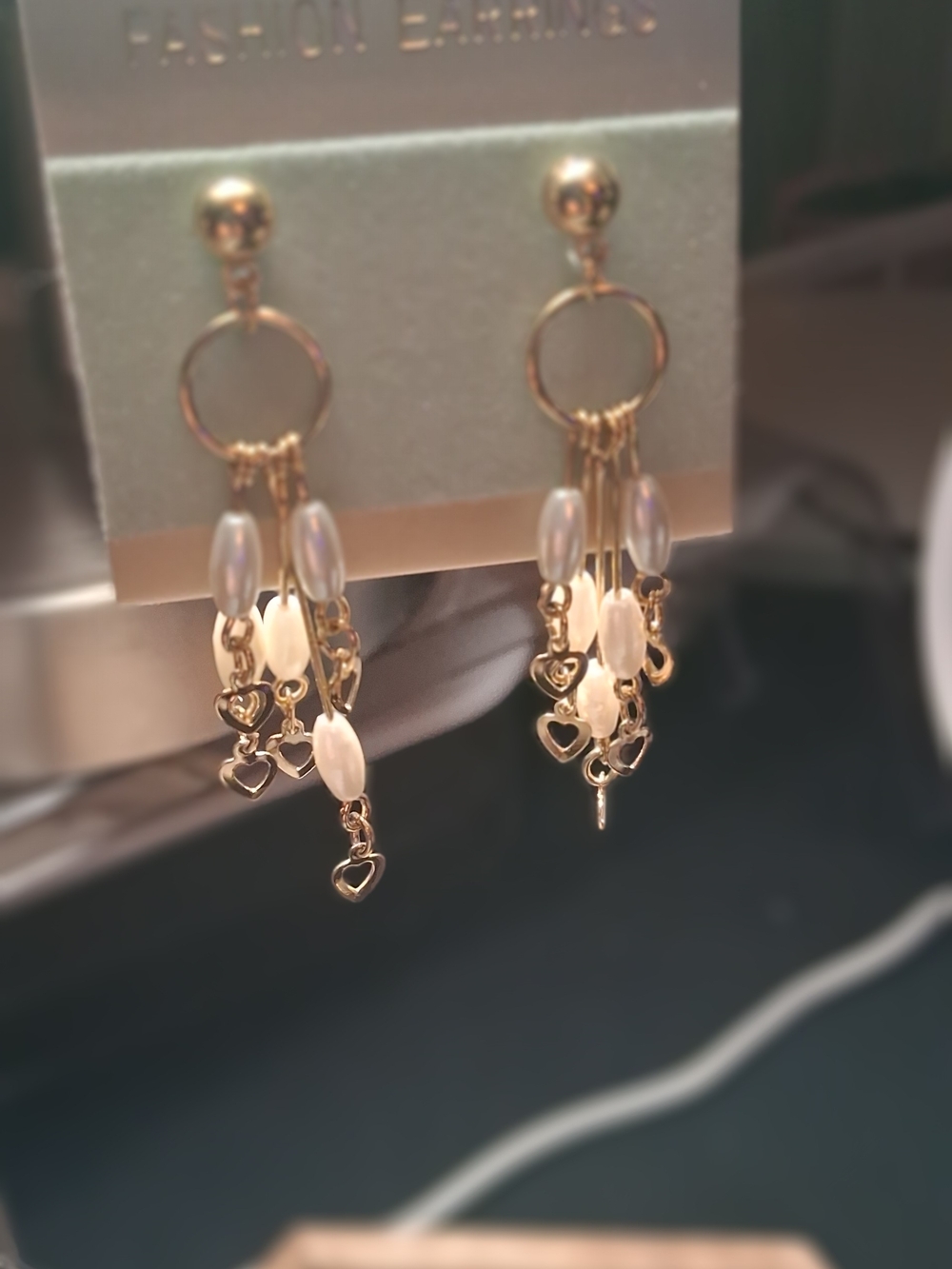 Gold and Pearl Drop Earrings with Heart Accents